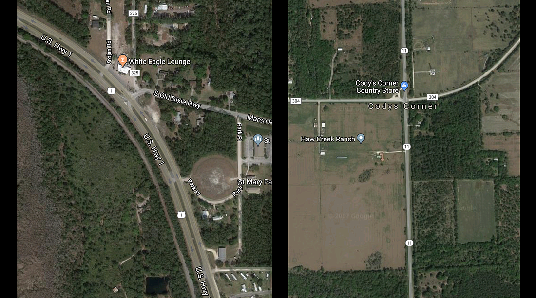 The Florida Department of Transportation has proposed roundabouts at two intersections: the intersection of U.S. 1 and Old Dixie Highway (left), and the intersection of County Road 304 and State Road 11. (Images from Google Maps)