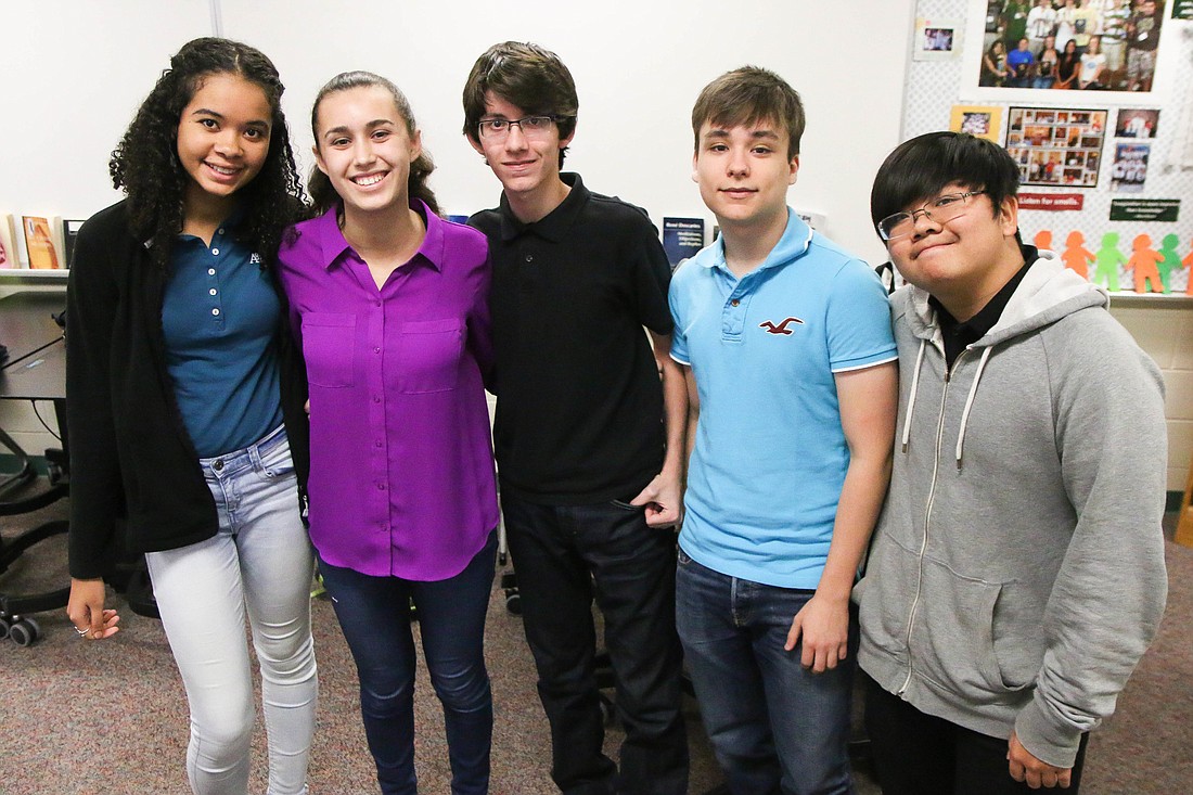 FPCHS Community Problem Solvers group Project VOICES members Ele Barnaby, Ellie Wolcott, Carlos Dezza, Daniel Lujo and Hughes Le. Not pictured: team member Jacob Lebron. Photo by Paige Wilson