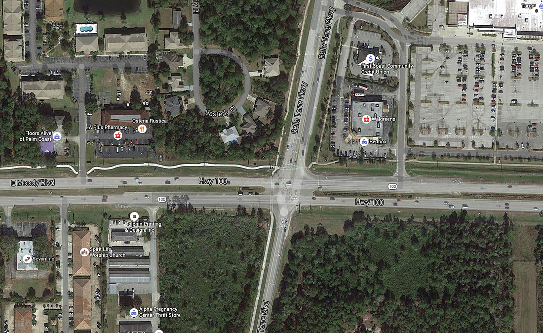 The intersection of Belle Terre Boulevard and State Road 100 was the site of 50 car crashes from 2012 to 2015. Image from Google Maps.