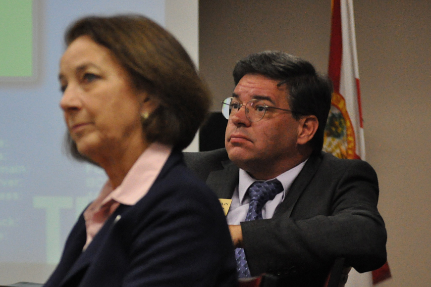 County Commissioner Nate McLaughlin, right, proposed waiting until after elections to hold a joint county/city meeting on EMS. For now, County Commission Chairwoman Barbara Revels, left, may meet one-on-one with Palm Coast Mayor Jon Netts. (File photo)