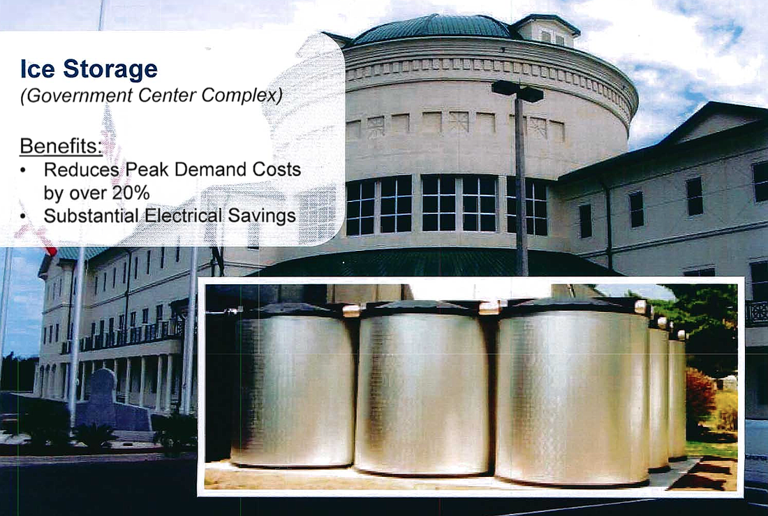 Generating ice at night, and then using it to cool the building during the day, could save peak-time energy consumption, according to ESG's presentation before the County Commission April 4. (Image from County Commission meeting backup documents.)