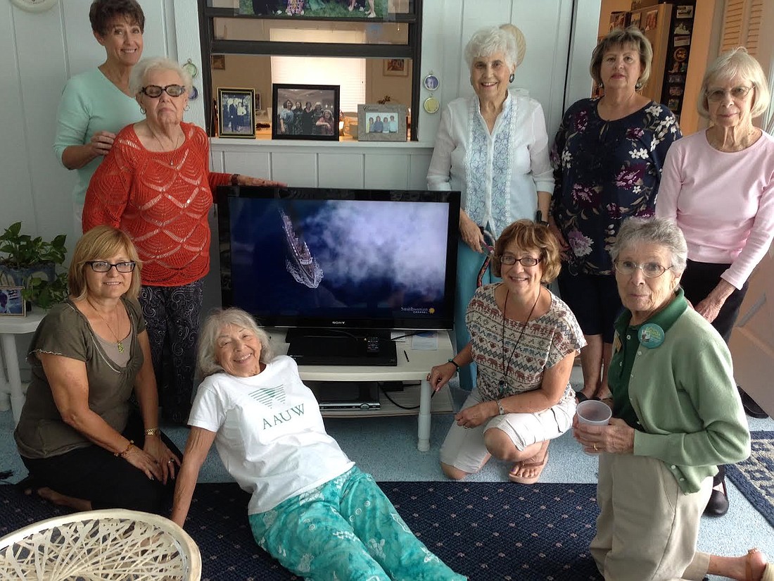 Standing: Sharon Danforth, Arlene See, Lorna Schaller, Kathy Bums, and Judy Kent. Front row: Sherri Barnett, Muriel Levy, Susie Baird, and Mary Ann Clark, met at Levy's home to watch a documentary about the sinking of the Lusitania. Courtesy photo.