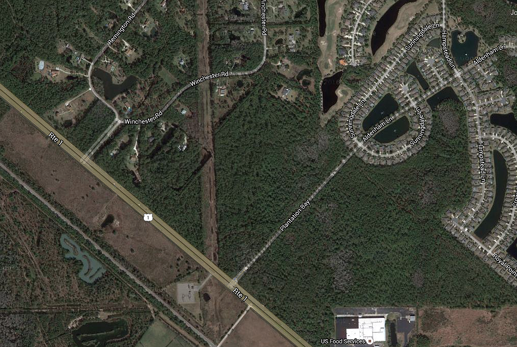 Aldenham Lane is lined by trees for about half a mile between U.S. 1 and then entrance to Plantation Bay. (Image from Google Maps)