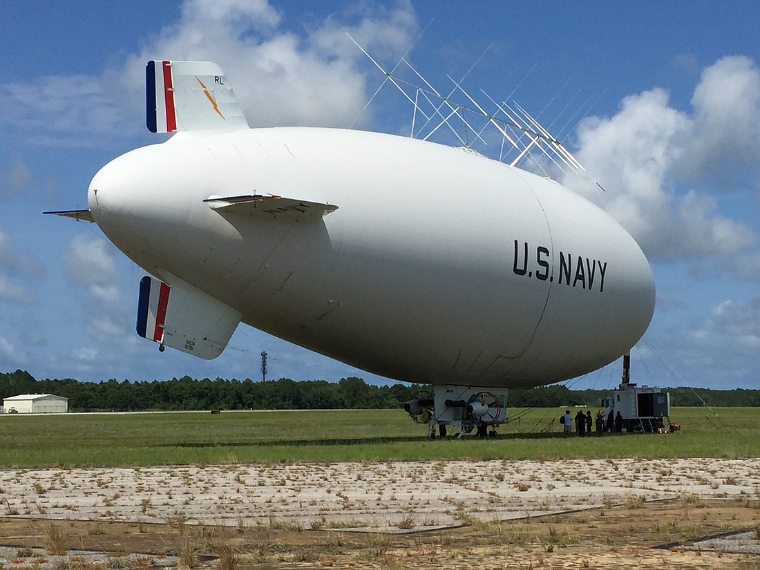 The Navy airship lands at the Flagler Executive Airport. (Image courtesy of the Flagler County communications office)