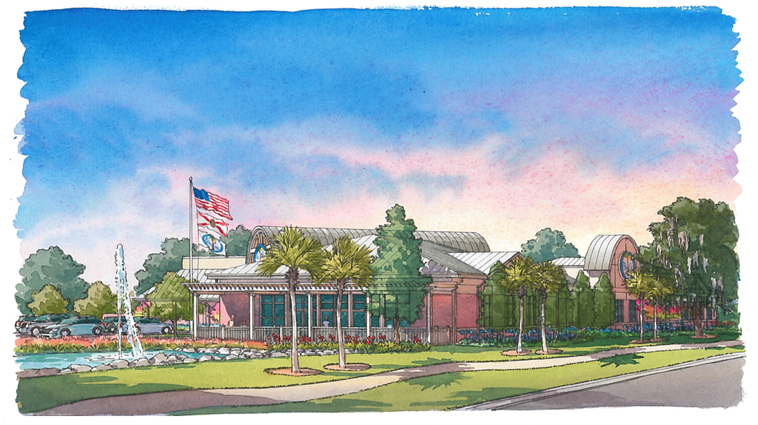 A rendering shows a view of the proposed new community center from Palm Coast Parkway. (Image from City Council meeting backup documents)