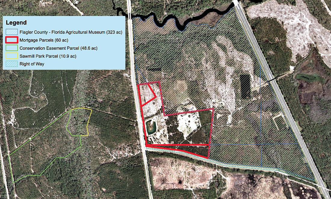 The parcel marked in red still has a mortgage of about $185,000. Under the proposed agreement, Flagler County would pay that off and take the majority of the surrounding land. (Image from Flagler County presentation)
