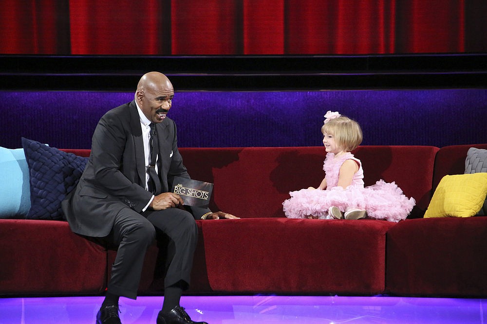 "Little Big Shots" host Steve Harvey interviews Ansleigh Clark about her famous hair-cutting mishap. Photo by Evans Vestal Ward/NBC