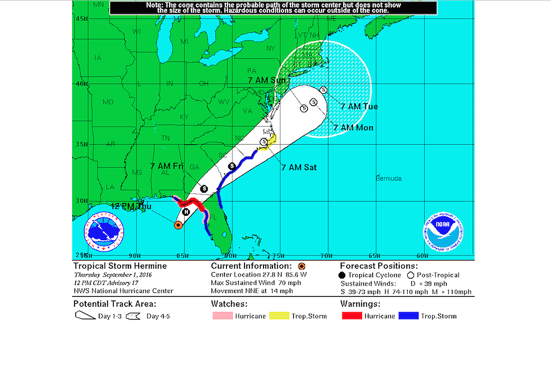 Hurricane Hermine's predicted path, as shown in a National Hurricane Center track map. See http://www.nhc.noaa.gov/ for updates.