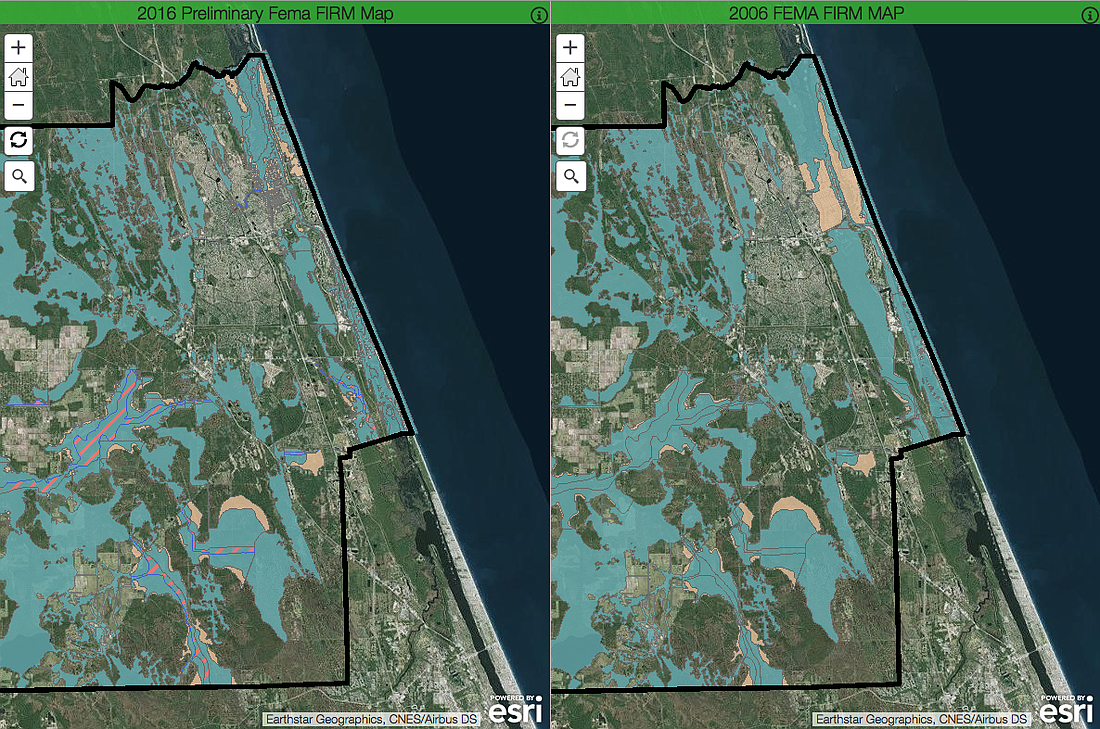 The Flagler County Property Appraiser's Office website shows the proposed new flood zone map on the left, and the 2006 one on the right. (Image from the Flagler County Property Appraiser's Office website.)