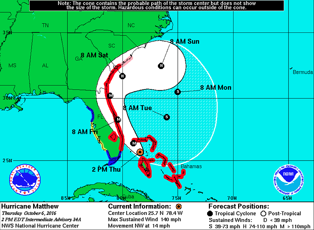 Hurricane Matthew's track as of 2 p.m. Thursday, Oct. 6, as shown on the National hurricane Center website at nhc.noaa.gov/graphics_at4.shtml?5-daynl.
