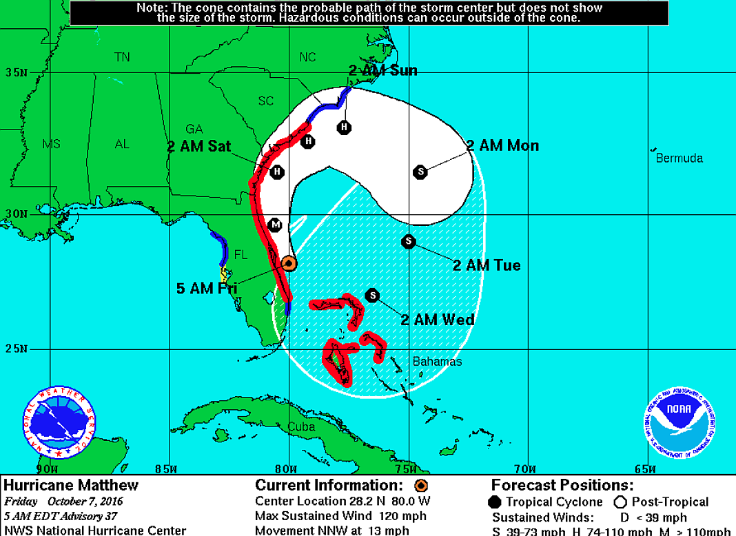 Hurricane Matthew's track as of 5 a.m. Friday, Oct. 7, as shown on the National hurricane Center website at nhc.noaa.gov/graphics_at4.shtml?5-daynl.