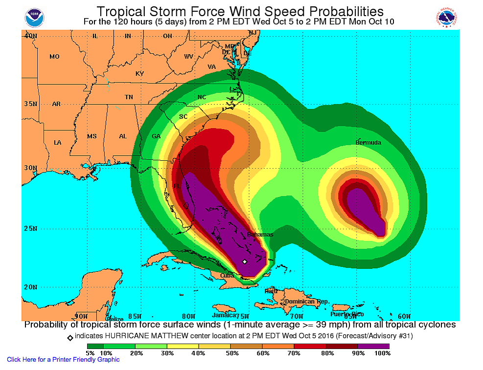 This National Hurricane Center map shows wind speed probabilities for Hurricane Matthew.