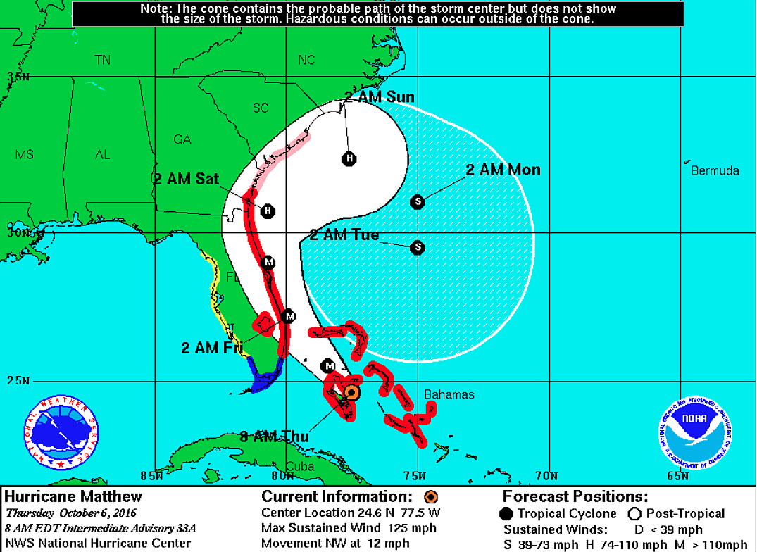 Hurricane Matthew's projected track as of 8 a.m. Thursday, Oct. 6, as shown on the National Hurricane Center website at nhc.noaa.gov/graphics_at4.shtml?5-daynl.