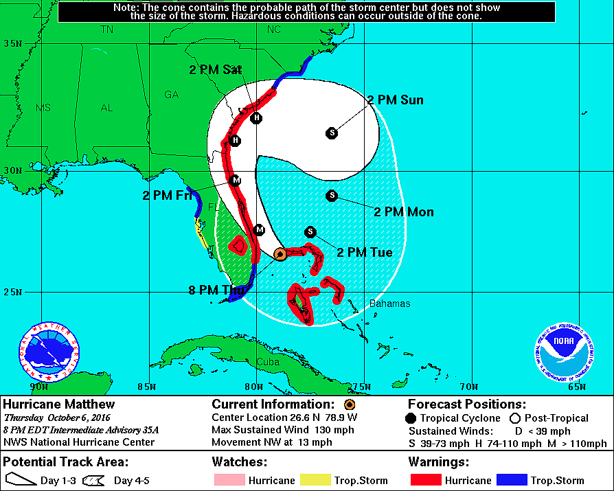 Hurricane Matthew's track as of 8 p.m. Thursday, Oct. 6, as shown on the National hurricane Center website at nhc.noaa.gov/graphics_at4.shtml?5-daynl.