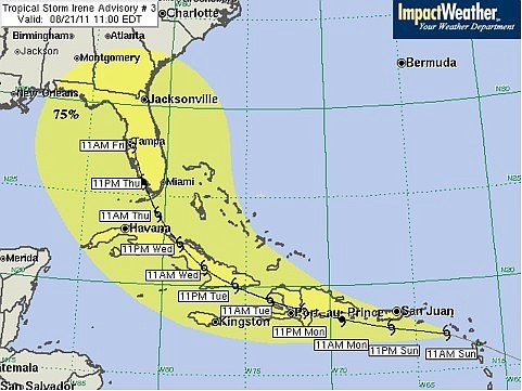 Hurricane Irene's projected path on Aug. 21.