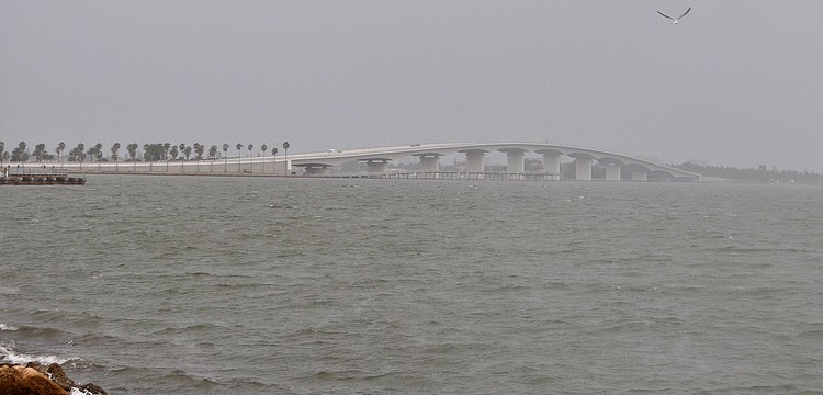 A seagull tries to fly over the bay near Centennial Park during a rain storm Tuesday afternoon. The rain was so heavy that it was even difficult to see the Ringling Bridge from the nearby park.