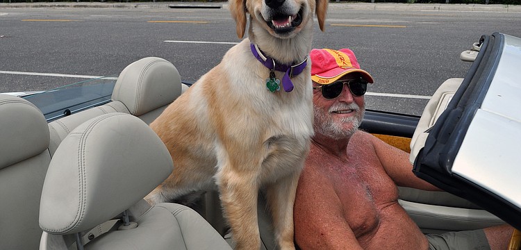 Don Lichter and Jocy, 2, take a ride to the bank in their convertible. "She loves to go to the bank and get her treat," said Lichter. Jocy was also sporting hot pink "doggles".