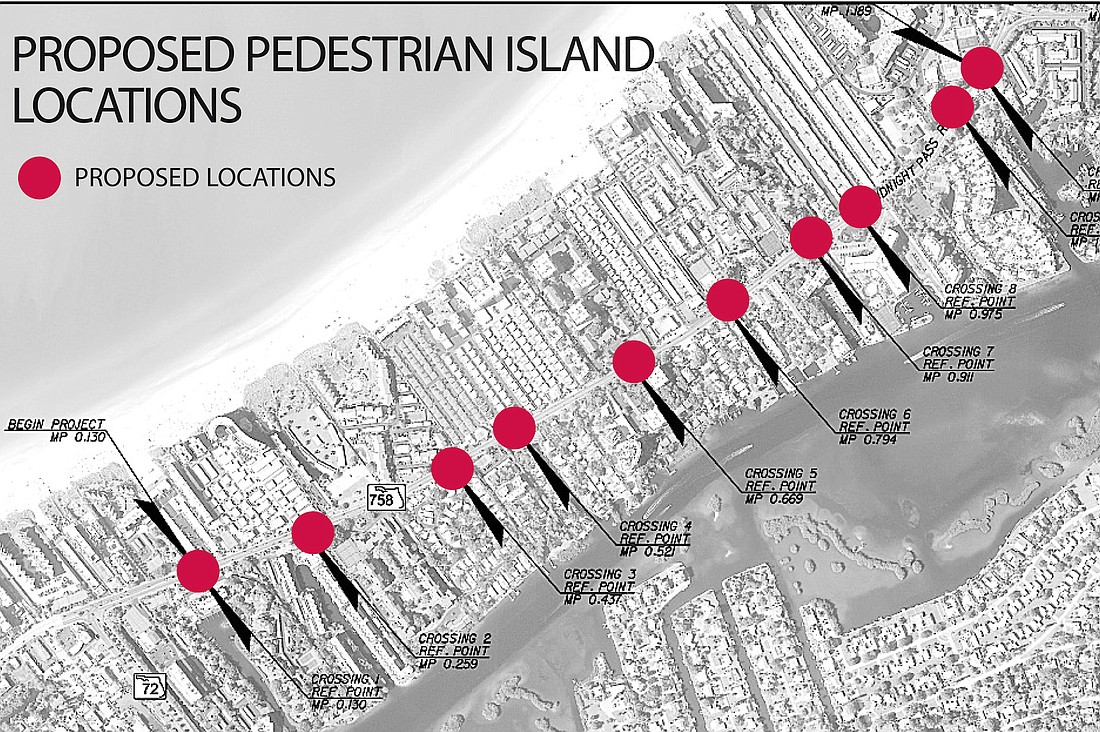 A map released by the Florida Department of Transportation in June shows tentative sites for the 10 pedestrian islands along Midnight Pass Road between Beach Road and Stickney Point Road.