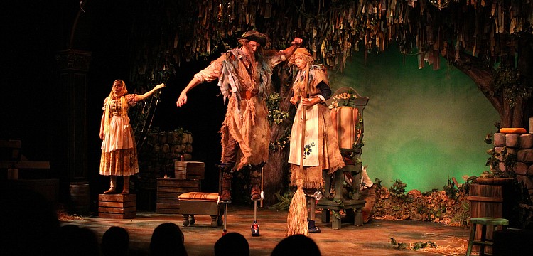 Andy McCain, as Morham the Giant, marches around the stage on stilts shouting â€œFe Fi Fo Fumâ€ during â€œJack and the Enchanted Beanstalkâ€ Tuesday, Sept. 27 at the Gompertz Theatre.