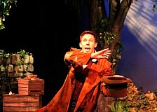 Sholto, Andy McCain, talks to the audience about the day of the great quake and the magical beans he possesses. Photo by Rachel  S. O'Hara.