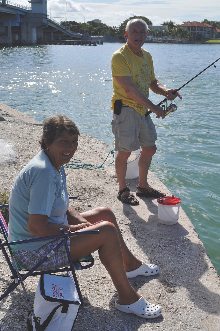 Carol and Barrie Farrar fish in Overlook Park daily. Barrie hasn't caught any keepers  so far today.