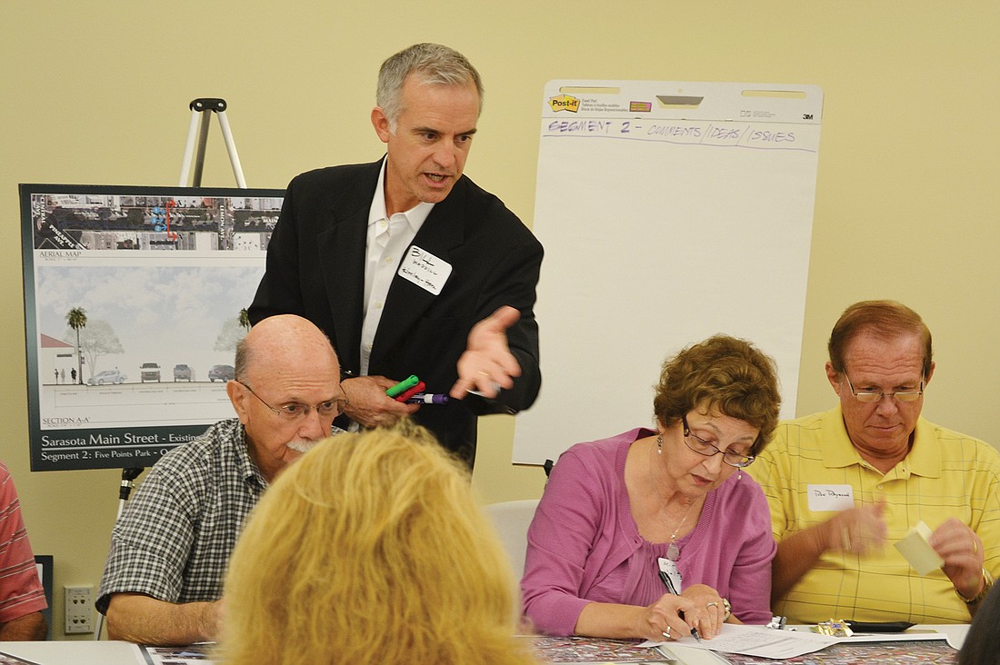 Bill Waddill, with Kimley-Horn Associates, discusses the Main Street streetscape project Monday with Sarasota residents.