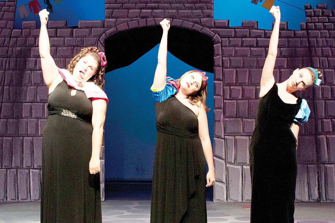 Alex Torres, as Sleeping Beauty, Jennifer Baker, as Snow White, and Mari Bryan, as Cinderella, in the Golden Apple's production of "Disenchanted."