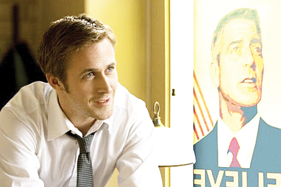 As press secretary Stephen Myers, Ryan Gosling discovers a potential political scandal that threatens Mike Morris' (George Clooney) shot at the presidency in "The Ides of March."