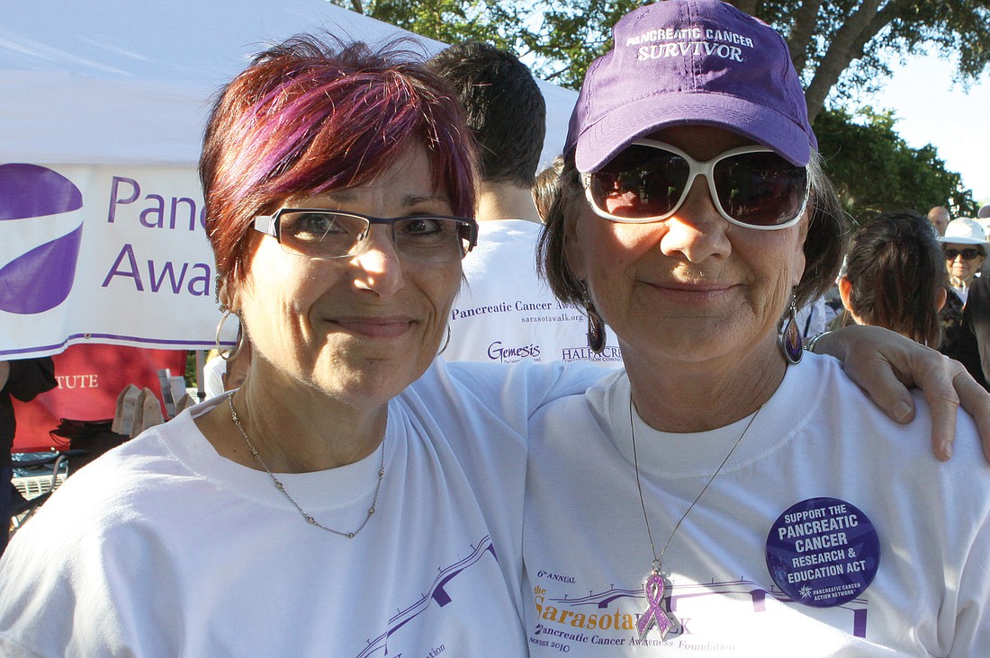 Pancreatic cancer survivors Suzanne Bourdeau and Joan Gardyasz pose together prior to starting the Sarasota Walk last year. File photo.
