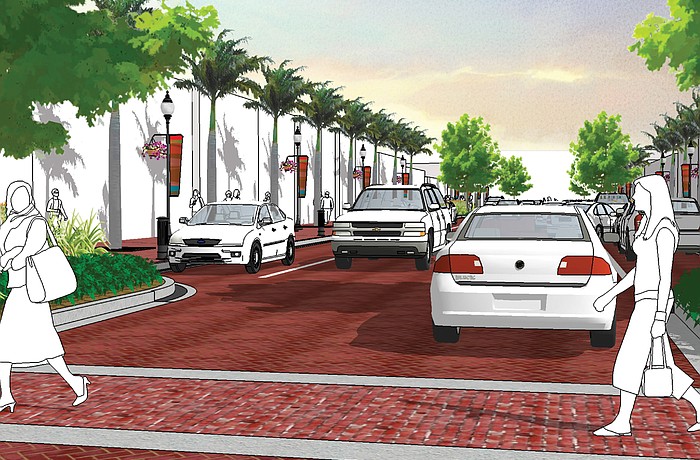 This conceptual draft of a brick-lined Main Street in the historic district will be presented to the public for their input on Nov. 14.  Courtesy of Kimley-Horn and Associates Inc.