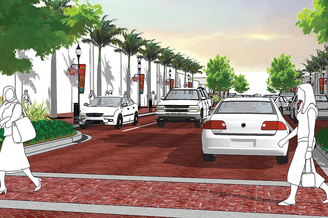 This conceptual draft of a brick-lined Main Street in the historic district will be presented to the public for their input on Nov. 14.  Courtesy of Kimley-Horn and Associates Inc.