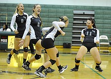 The Lakewood Ranch High volleyball team celebrates its 3-0 victory over Tampa King in a Class 6A-Region 3 quarterfinal Nov. 2.