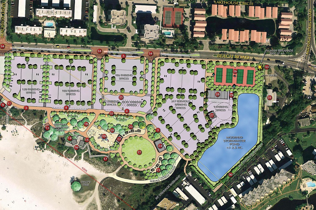 The most recent concept plan for the Siesta Public Beach improvements shows the planned stormwater pond adjacent to the Gulf & Bay Club property, in the right-hand part of the design. Courtesy of Sarasota County.