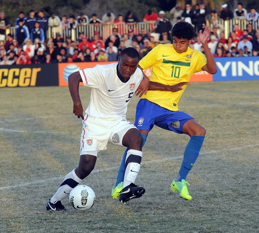 The United Statesâ€™ Guy Kabala battles for position during the first half against Brazil Dec. 4.