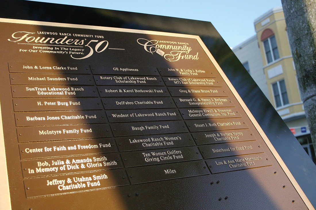 The new plaque stands near the fountain on Lakewood Ranch Main Street.