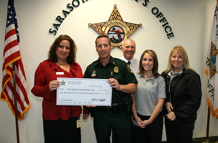 Nicole Double (left) from All Faiths Food Bank accepts a check from Capt. Jon Goetluck and members of the Property Section. Courtesy photo.