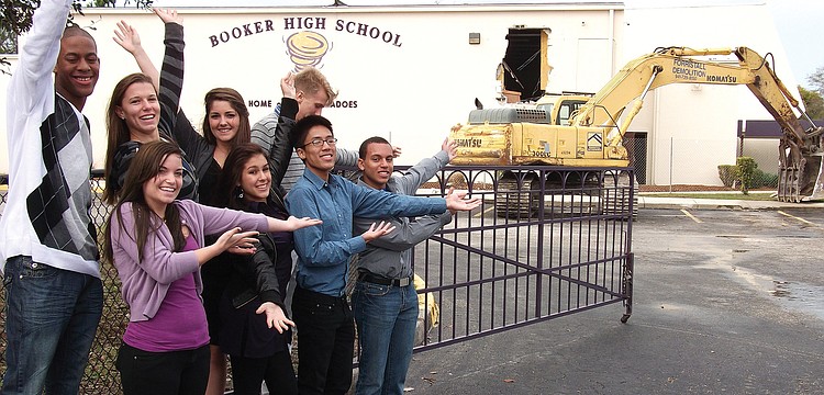 Booker High School students gathered to point toward their future: major school renovations that also will unite the campus, ridding it of the Orange Avenue split.