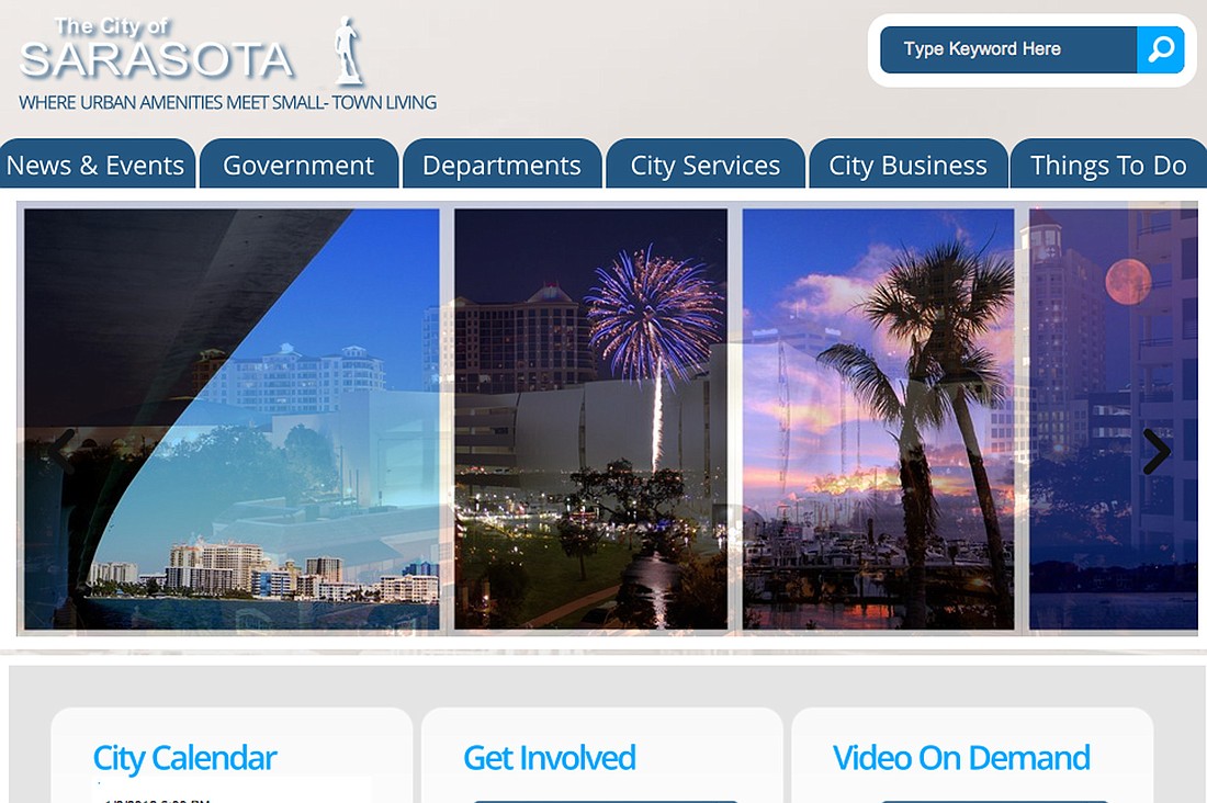 Screenshot of www.sarasotagov.com. The new site features a jumbotron with rotating images of Sarasota.