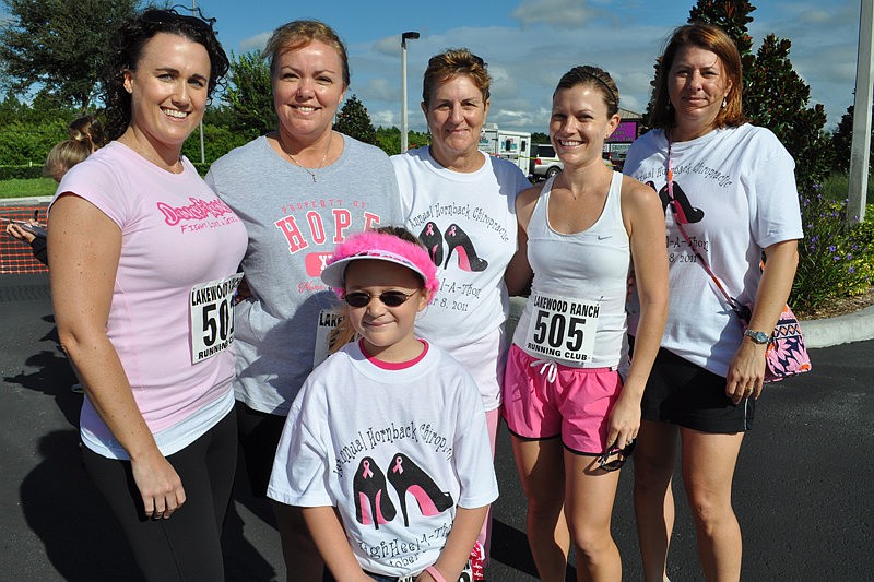 Leigh Rains, Terry Schob, Sandy Wetmore, Ashley McIntyre, Lori Gupton and Sammie Gupton, front, were the first racers in the 100-yard dash.