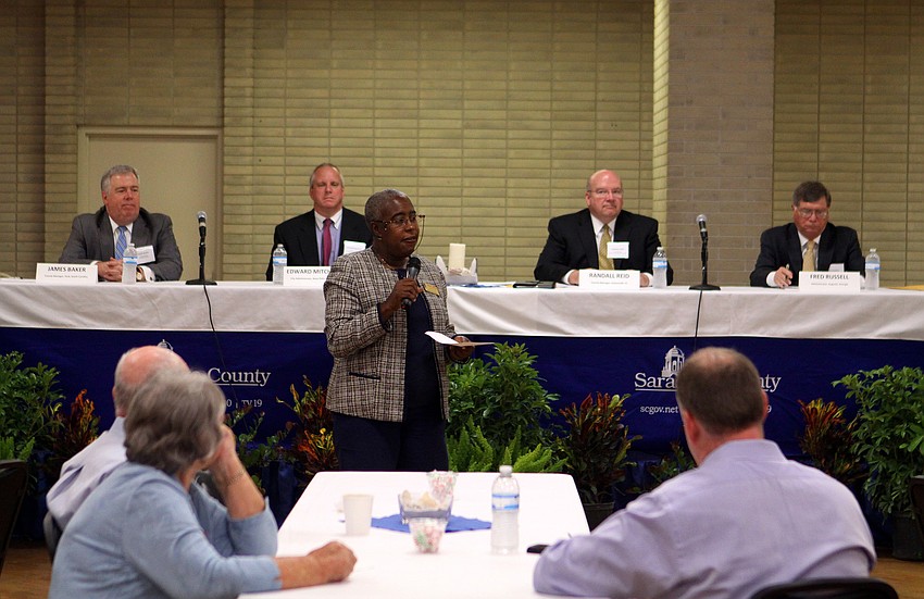 County commissioner Carolyn Mason speaks to the crowd prior to the Q&A with the four finalists for the job of Sarasota County administrator.