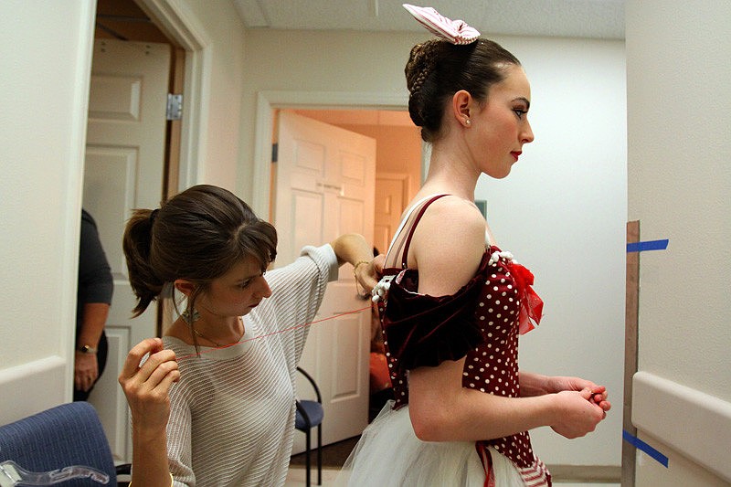Allison Forsyth, age 15, who played the Doll, getting stitched up by Costume Mistress, Chelsea March.