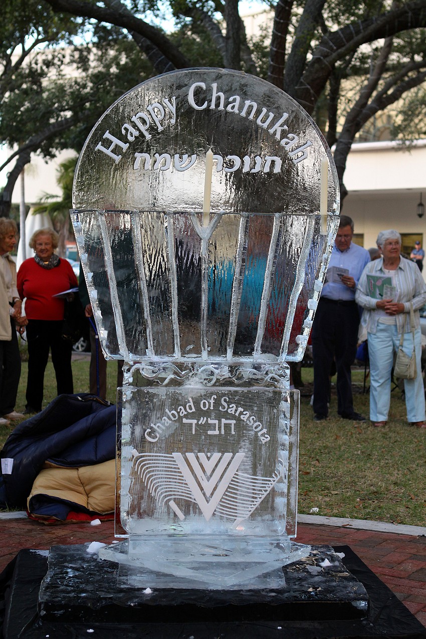 The ice menorah was created by ice sculptor Joe Rimer and was lit later on in the evening.
