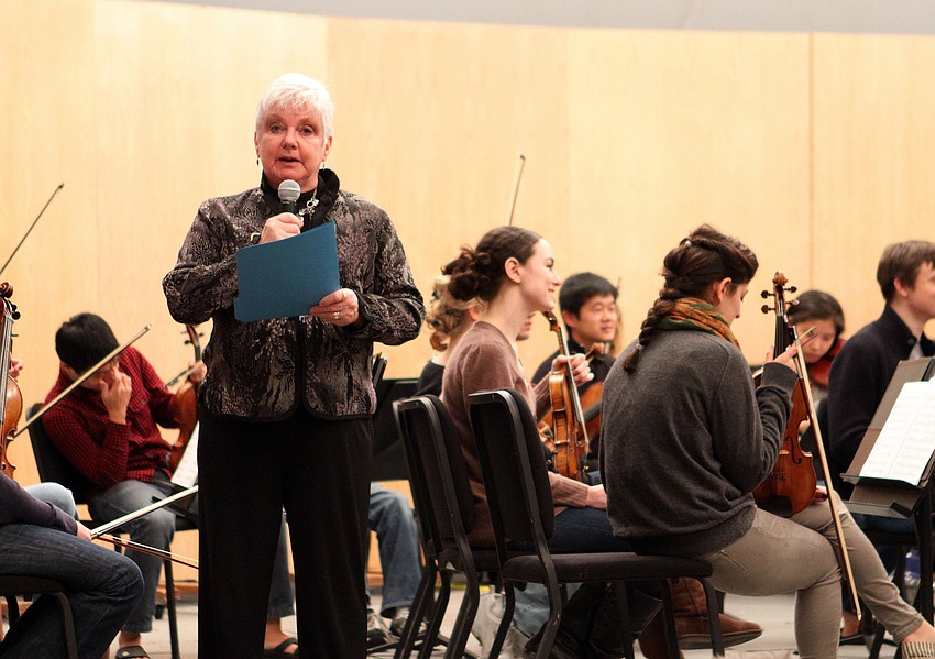 Denise Hearn, Rotary District Govenor, speaks to the crowd of around 1,000 people who came out to watch the 36 students involved in the Perlman Music Program Sarasota Winter Residency, Tuesday, Jan. 3, at USF Sarasota-Manatee.