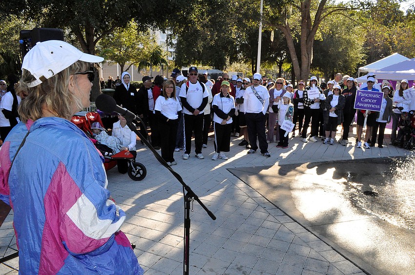 Mayor Suzanne Atwell speaks to the crowd that came out for the Sarasota Walk.