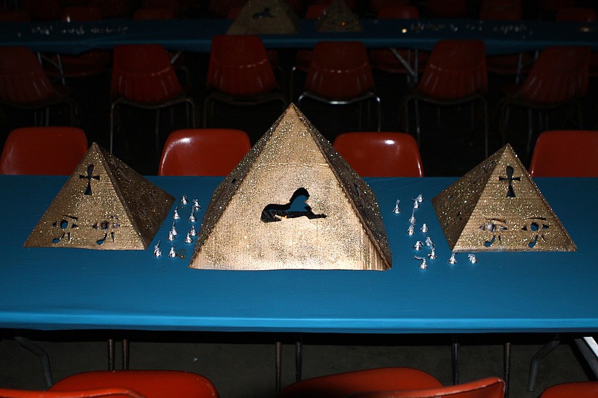 In accordance with the theme, â€œNight on the Nileâ€, there were little pyramids with fake candles along with tons of Hersheyâ€™s kisses and gold nugget candies.