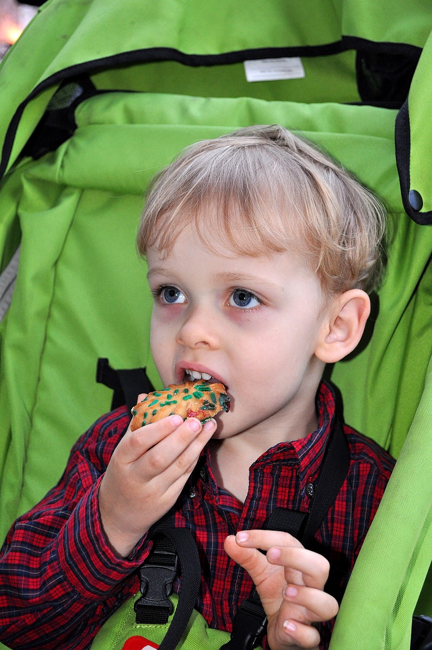 Tyler Wolfinger, 2, bites into a sugar cookie with green sprinkles.