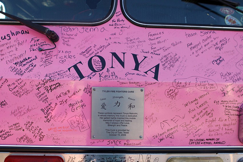 Each pink firetruck is named for a woman in the community from which the firetruck came. This truck is named 