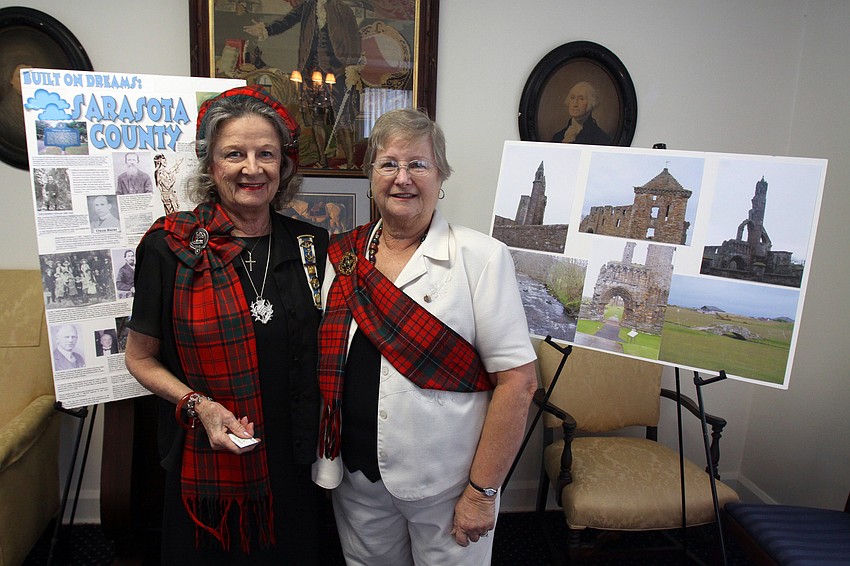 Jean M. Catsakis and Clarissa Thomasson pose in their tartans Tuesday, Oct. 25, inside the Saras DeSota DAR Chapter House, as part of the Owen Burns Celebration Honoring John Hamilton Gillespie Week.