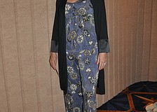 Debi Chapman wearing Soma Intimatesâ€™ Cool Nights-Boho Chic Sleep Cami Top and Easy Pant in Heron Blue.