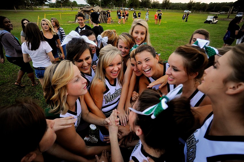 The Lakewood Ranch High cheerleading squad performed for its classmates before the bon fire.